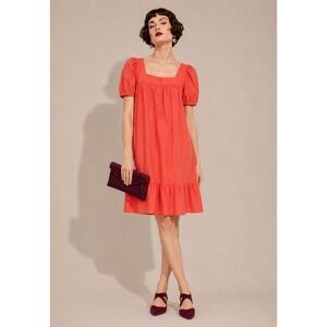 The Get Women Coral Orange Cotton Puff Sleeve Square Neck Ruffle Midi Dress-S